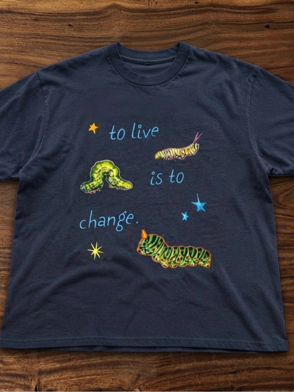 Gildan Navy Caterpillar Graphic Tee with Colorful Illustrations